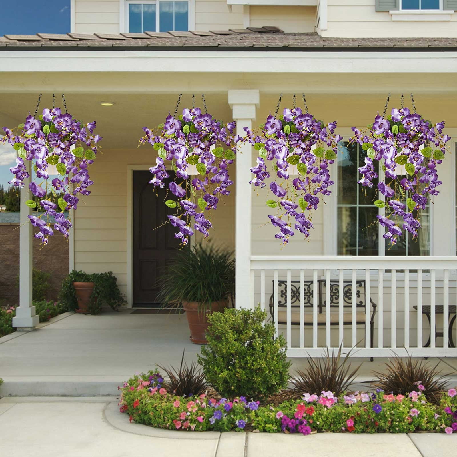4pcs Artificial Fake Hanging Hibiscus Flowers Plants Baskets for Outdoor Outside Spring Summer Decoration, Faux Silk Hibiscus Long Vines in Planter UV Resistant Realistic Flowers