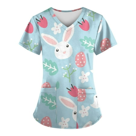 

Women Scrubs Top Casual Cartoon Animals Printed Short Sleeve V-Neck Holiday Cute Working Blouse Tops With Pockets Leisure Streetwear