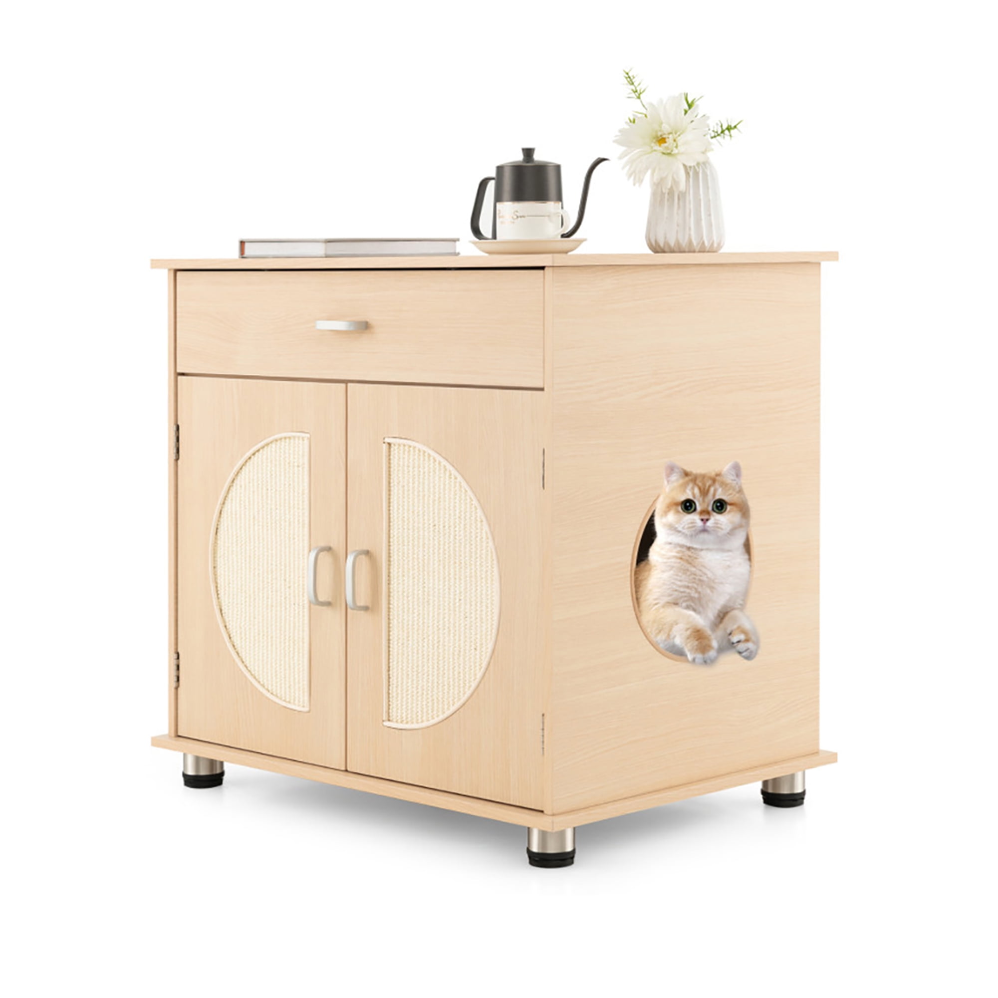 Kadyn 26" Hidden Cat Litter Boxes Enclosure Furniture with Sisal Scratching Doors, Cat House Suitable for Bedroom, Beige