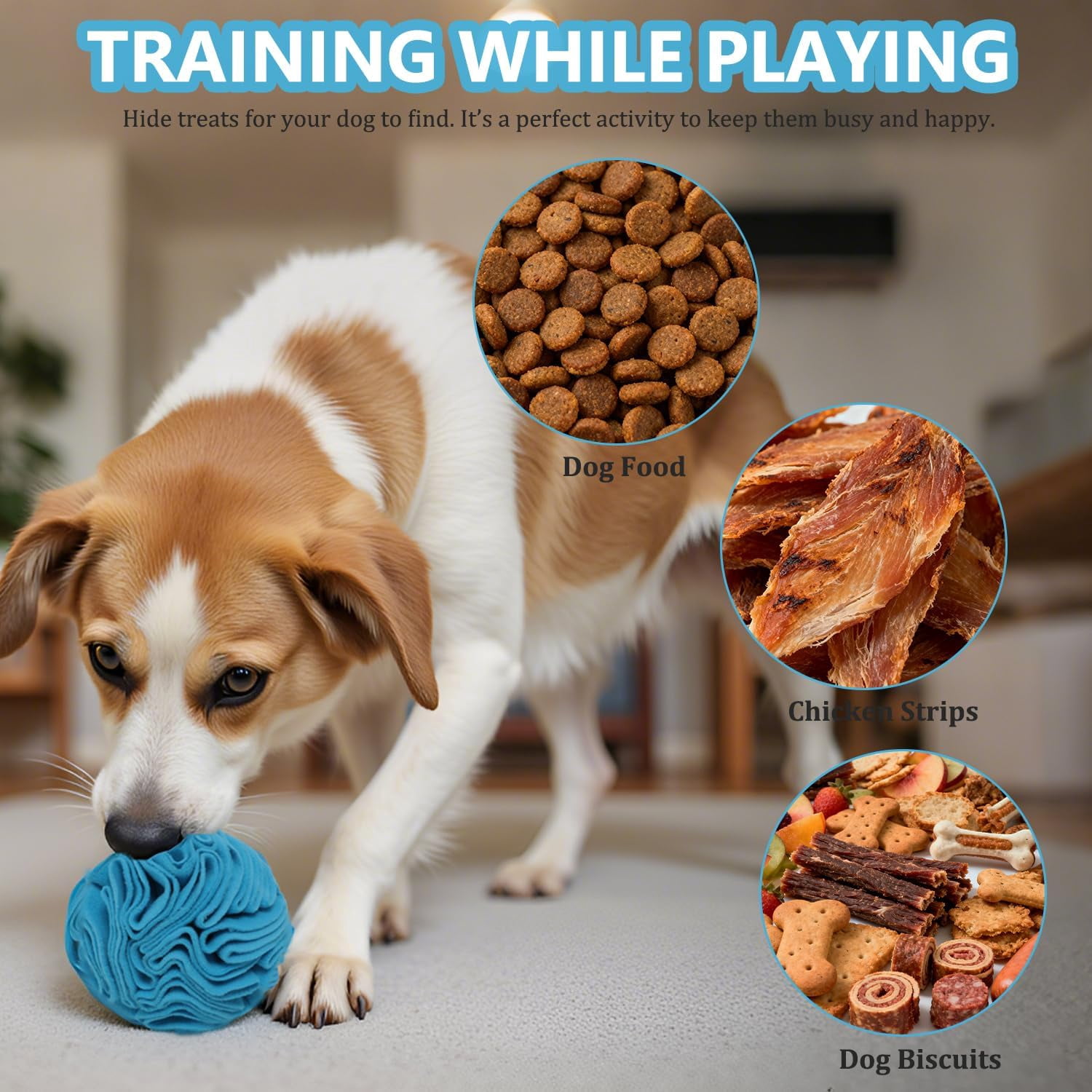 Blue Snuffle Ball for Dogs, Bright Color Slow Feeder Interactive Toy, Mental Enrichment Puzzle Game for Anxiety Relief & Indoor Fun, Machine Washable for Small Medium Large Dogs Blue,Small