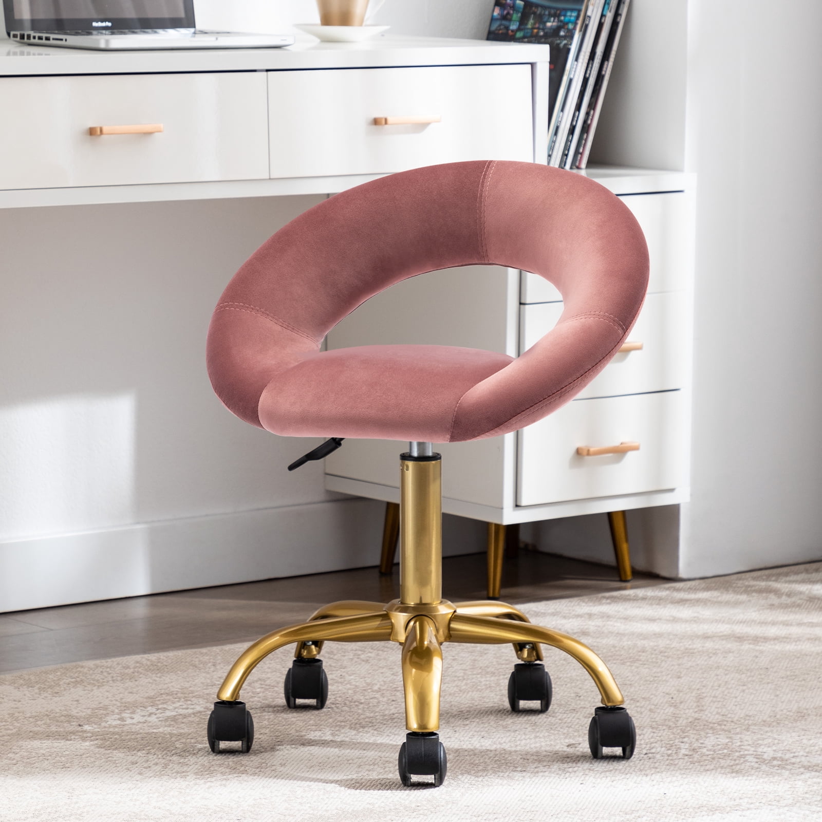 Duhome Velvet Home Office Chair Work Rolling Stool Adjustable Swivel Desk Chair on Wheels Modern Vanity Chair for Teen Girls, Pink