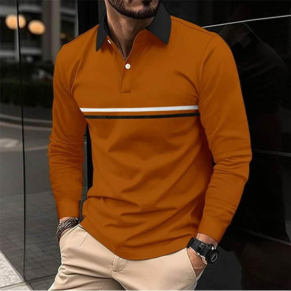 Rigardu Long Sleeve Shirts for Men Polo Shirts for Men Fashionable And Casual Men's Lapel Striped Colorful Long Sleeved Top Size:S-3XL