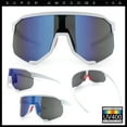 thumbnail image 2 of Oversized Geometric Bevel Cut Mono Shield Wrap Half Rim Sport Sunglasses [White | Blue Mirror], 2 of 7