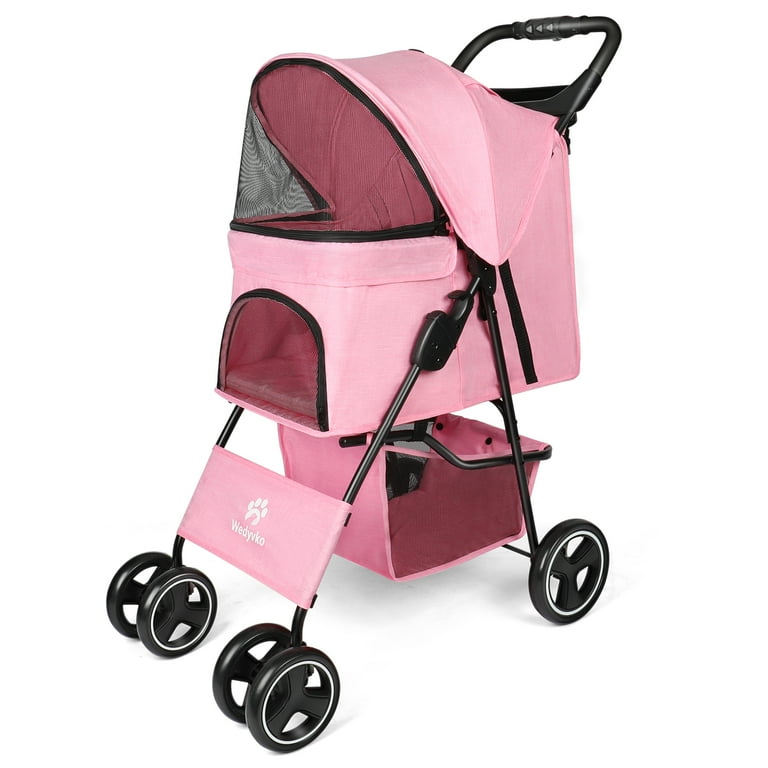 Wedyvko Pet Dog Stroller 4 Wheeled Foldable Pet Stroller with Storage Basket and Cup Holder Front Wheel 360 Rotation Suitable for Small and