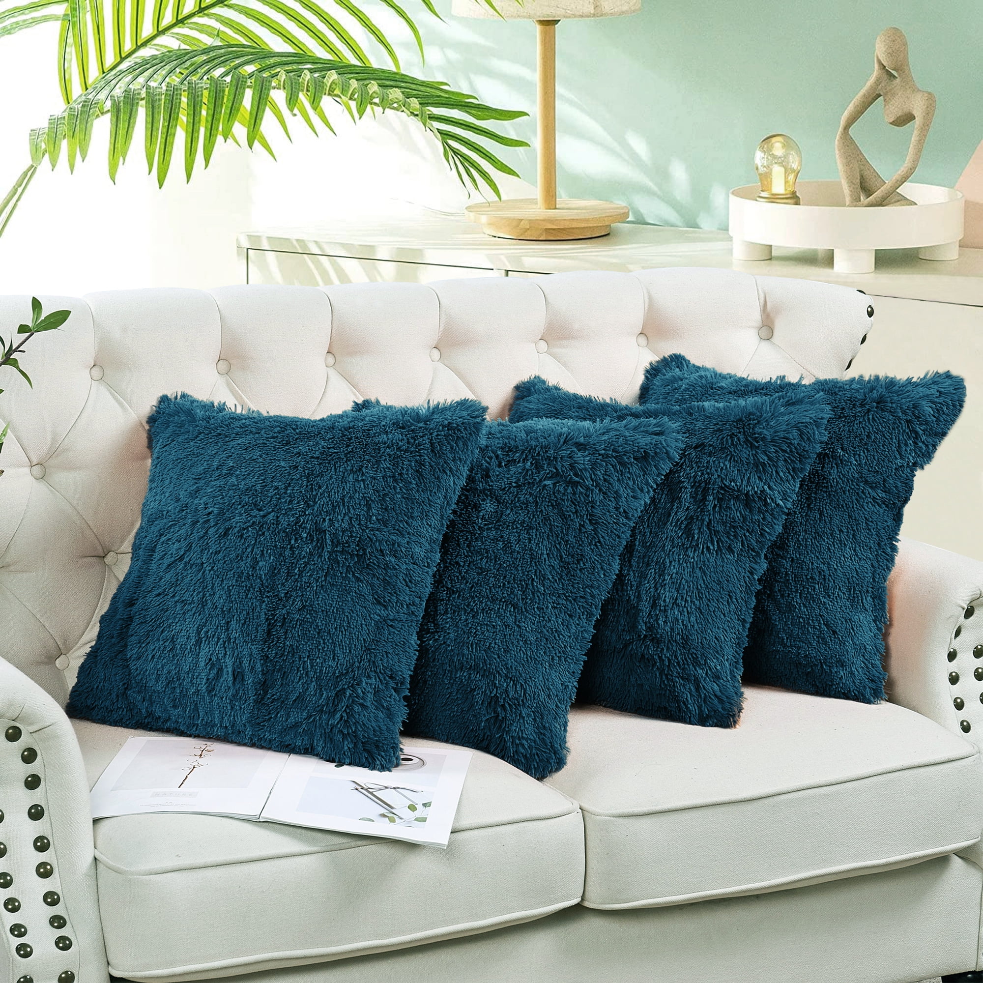 Home Soft Things Luxury Shaggy Faux Fur Throw Pillow Cases, Ultra Soft Plush Pillow Covers Fluffy Decorative Cushion Covers, No Pillow Insert, Set of 4, Teal, 20x20 Inch