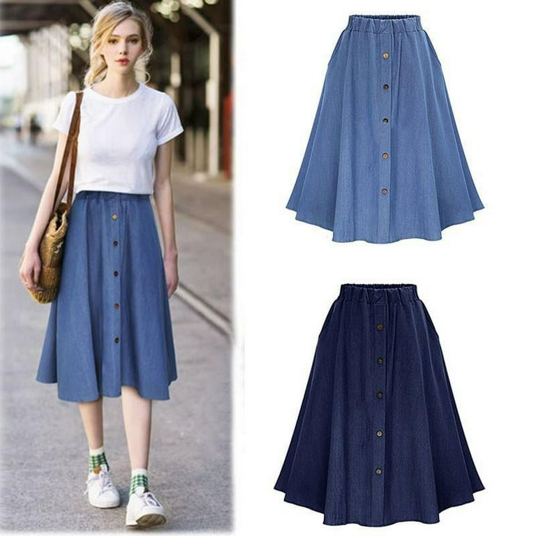 Korean Casual A-Line High Waist Button Pleated Midi Skirt Fashion Preppy  Style Denim Jean Skirt Women Big Hem Long Skirts 