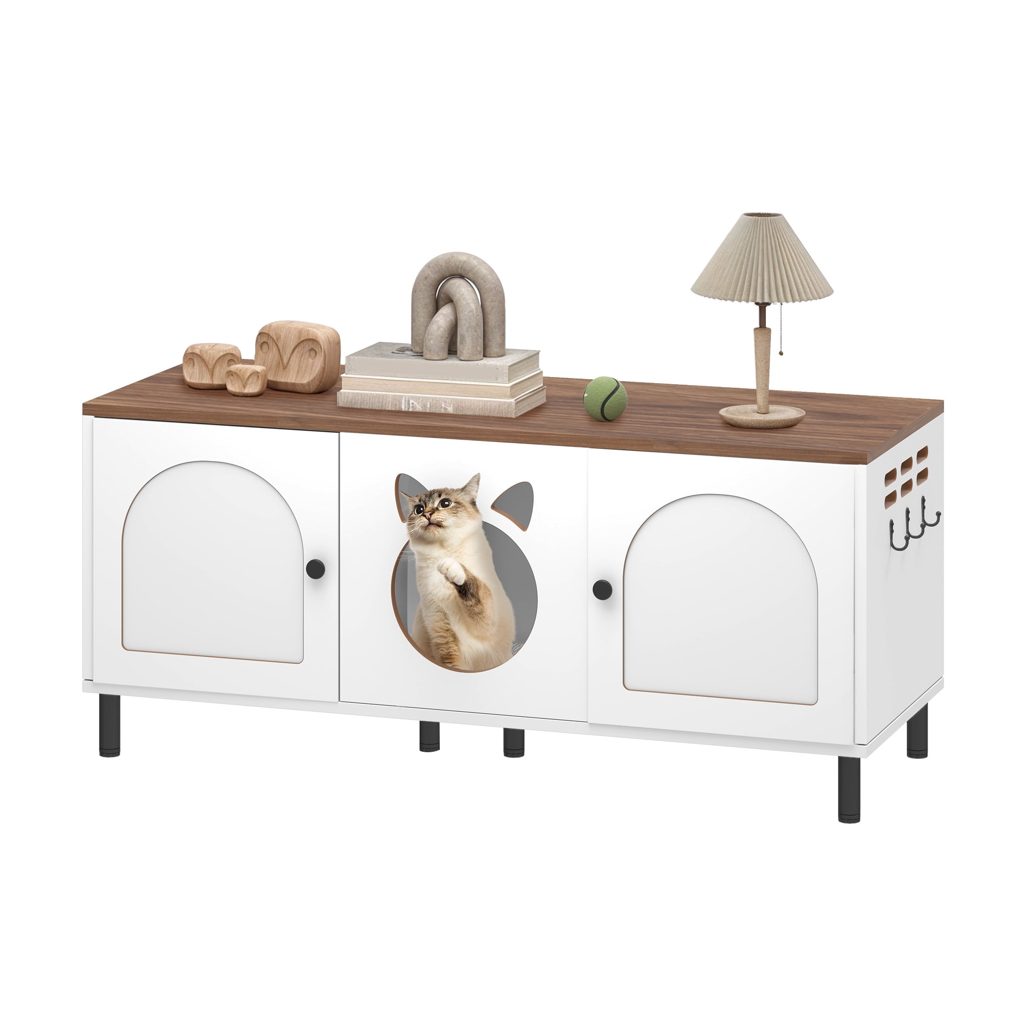 Dextrus Litter Box Furniture Hidden for 2 Cats,Large Wooden Cat Litter Box Enclosure with Double Room, Cat Washroom Furniture, End Table, White