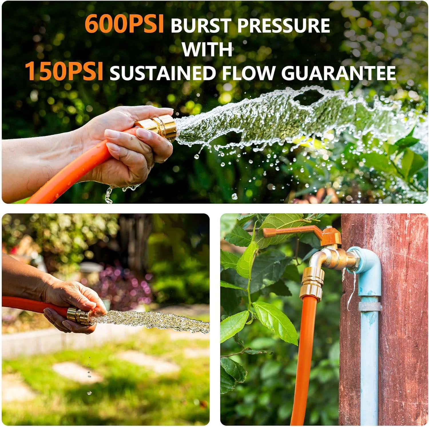 Garden Hose 25ft x 5/8", Custom Length, -40°F to 150°F, All-weather, NO Kink, Flexible, 600 Burst PSI, Leakproof Water Hose with Additional Customizable Solid GHT Fittings