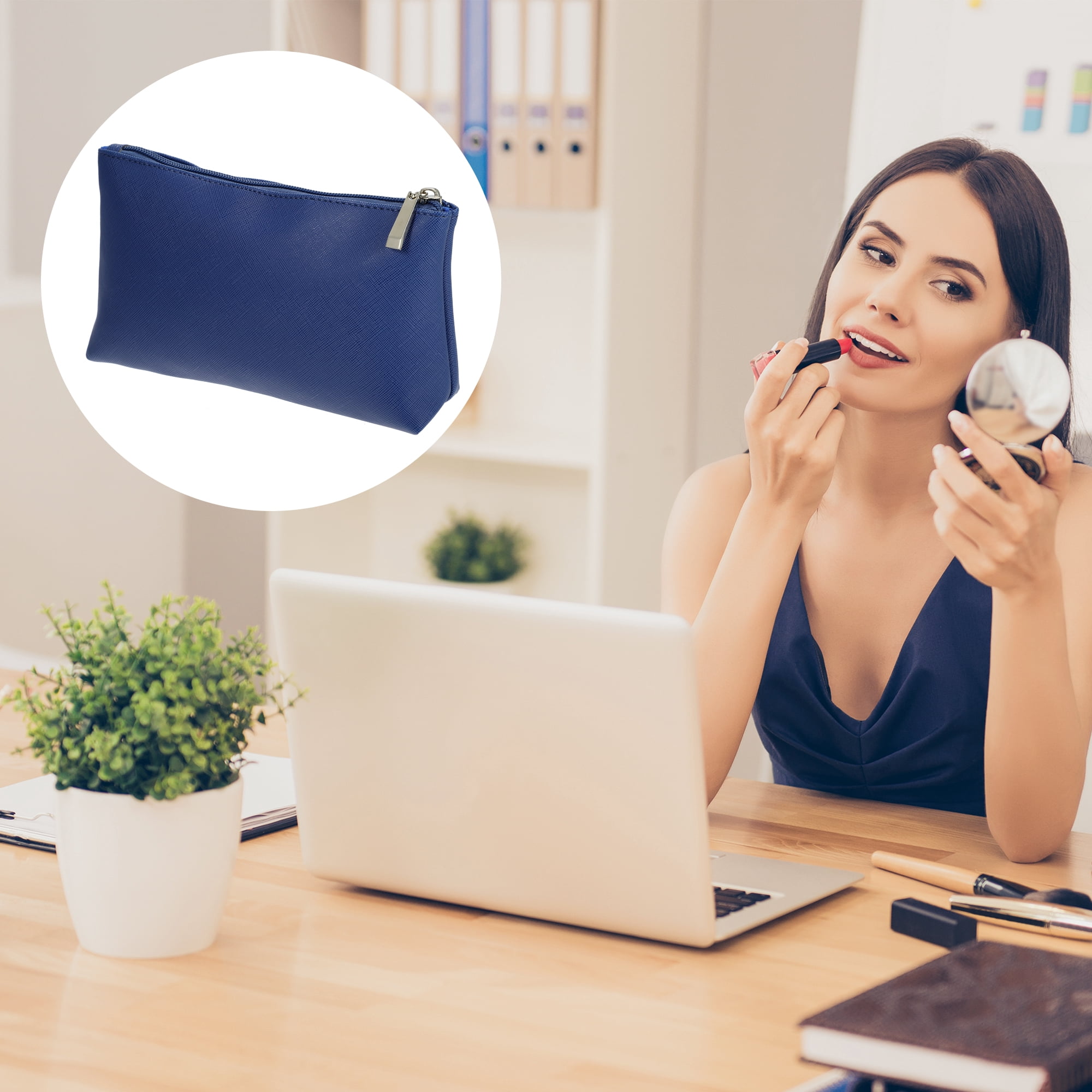 Unique Bargains 1Pc Travel Double Makeup Bag Portable Durable PU Leather Dark Blue M