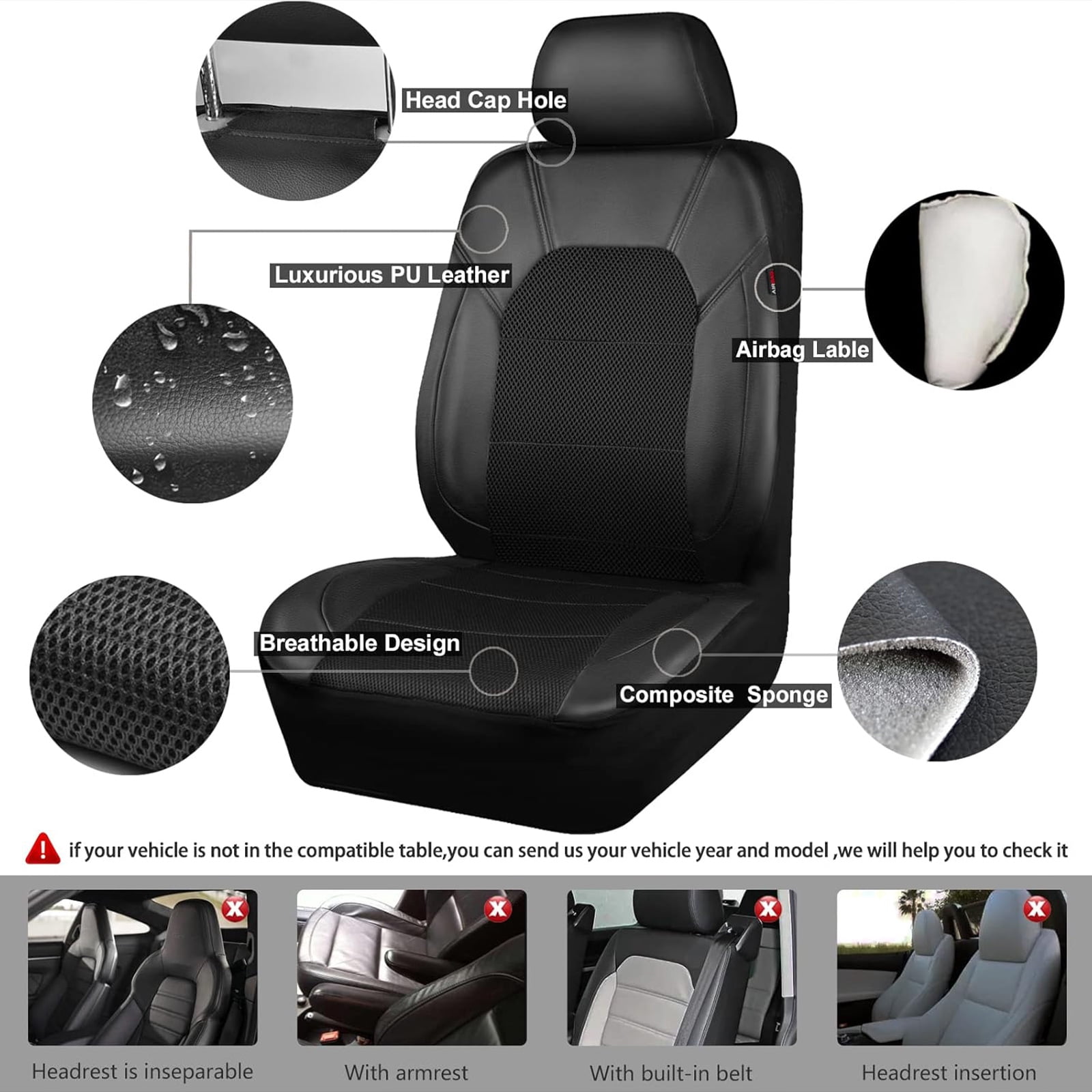 CAR GRAND Leather car seat covers air mesh breathable universal fit airbag compatible car, SUV, truck and van