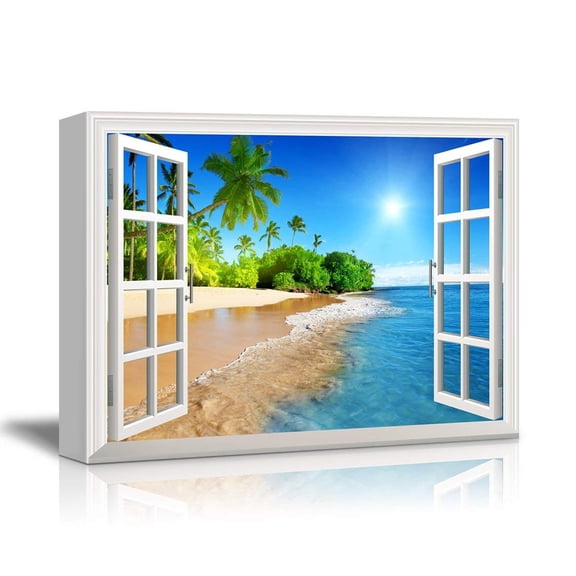 wall26 Canvas Print Wall Art Window View Landscape Tropical Island Shoreline Nature Wilderness Photography Modern Art Rustic Scenic Colorful Multicolor for Living Room, Bedroom, Office - 32H\