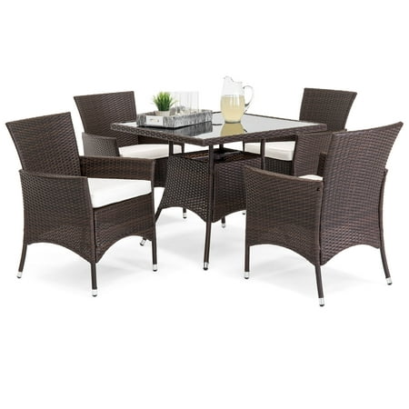 Best Choice Product 5-Piece Indoor Outdoor Wicker Patio Dining Set Furniture with Square Glass Top Table, Umbrella Cut Out, 4 Chairs, (Best Outdoor Dining Furniture)