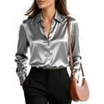 thumbnail image 2 of BadPiggies Womens Satin Silk Button Down Shirts Soft Silky Long Sleeve Business Shirts Dress Blouses Tops (XL, Gray), 2 of 9