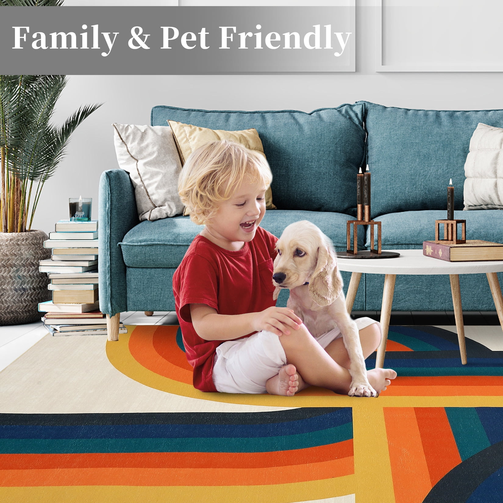 GlowSol 9' x 12' Large Washable Area Rugs for Living Room Bedroom Modern Geometric Rug Non Slip Low Pile Carpet, Blue Orange