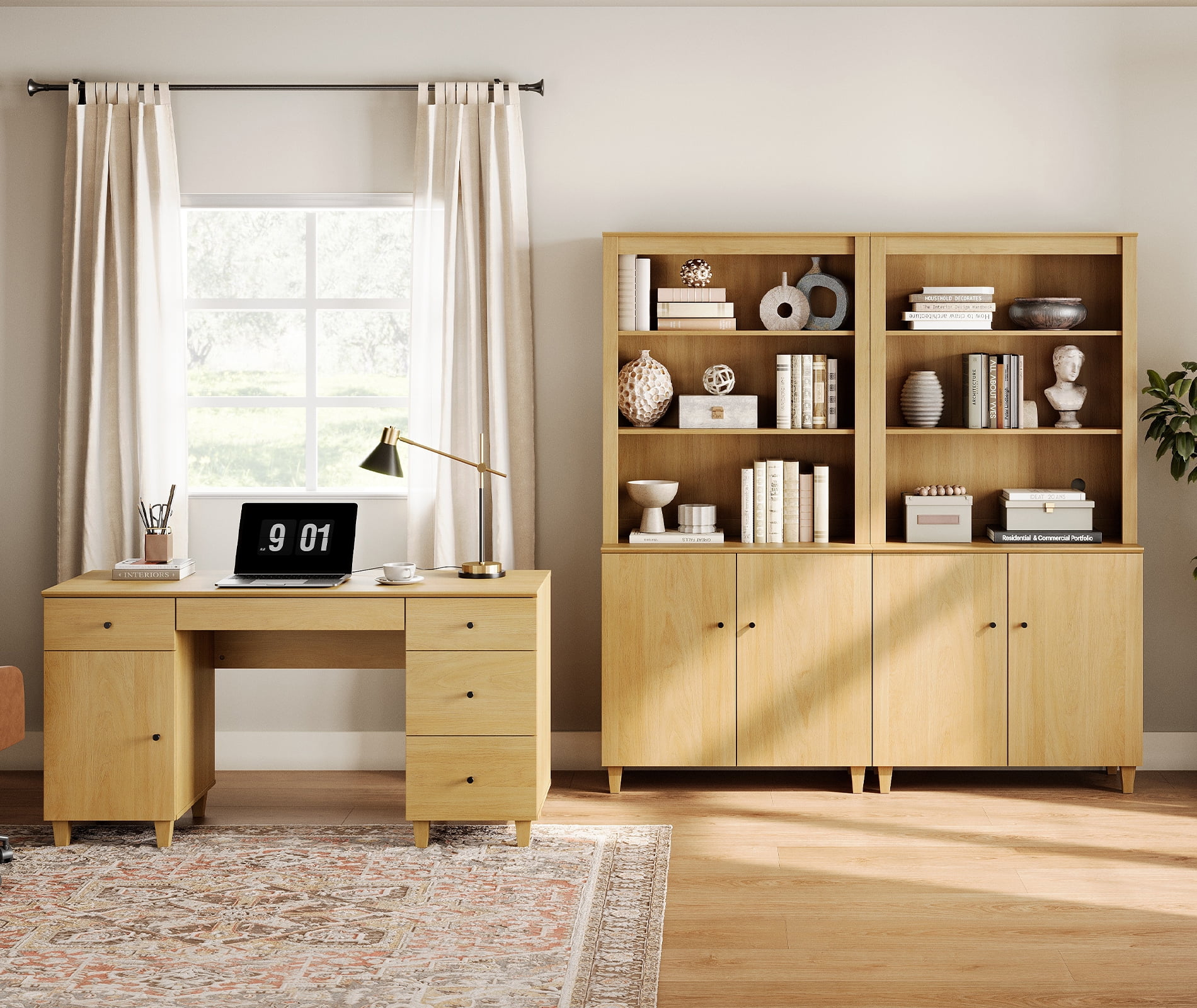 WAMPAT Home Office Furniture Set, 58" Executive Desk with Charging Station and Cabinet, 2-Column 71" Tall Bookcase with Doors and Adjustable Shelves for Living Room,Oak Wood
