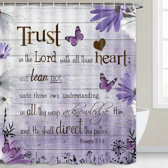 Rustic Farmhouse Shower Curtain, Farm Blue Daisy Floral Flowers and Butterfly on Country Wooden Shower Curtain for Bathroom, Christian Bible Verse Shower Curtain Set with Hooks