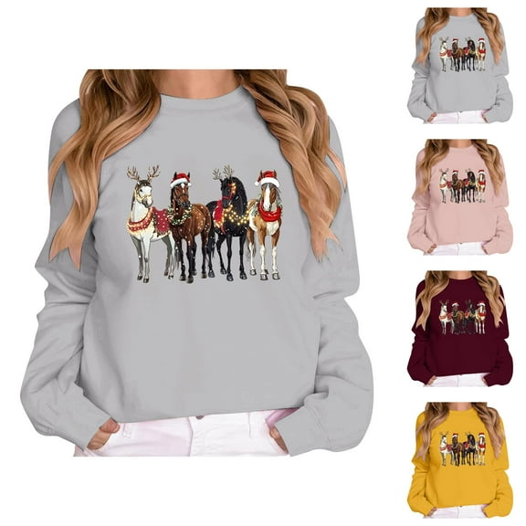 Christmas Horse Sweatshirts for Women 2025 Long Sleeve Crewneck Funny Horse Graphic Xmas Sweatshirt Pullover Tops