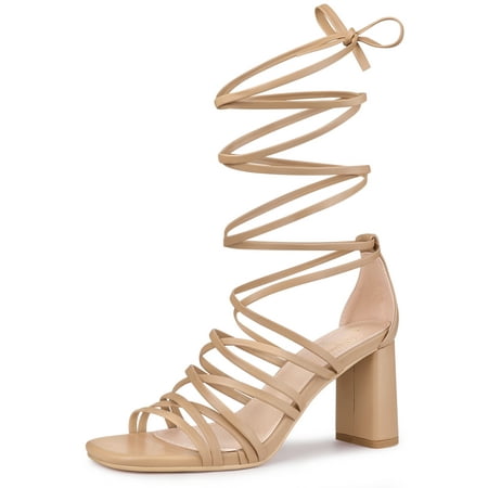 

Unique Bargains Women s Solid Strappy Open Toe Lace Up Chunky Heel Sandals