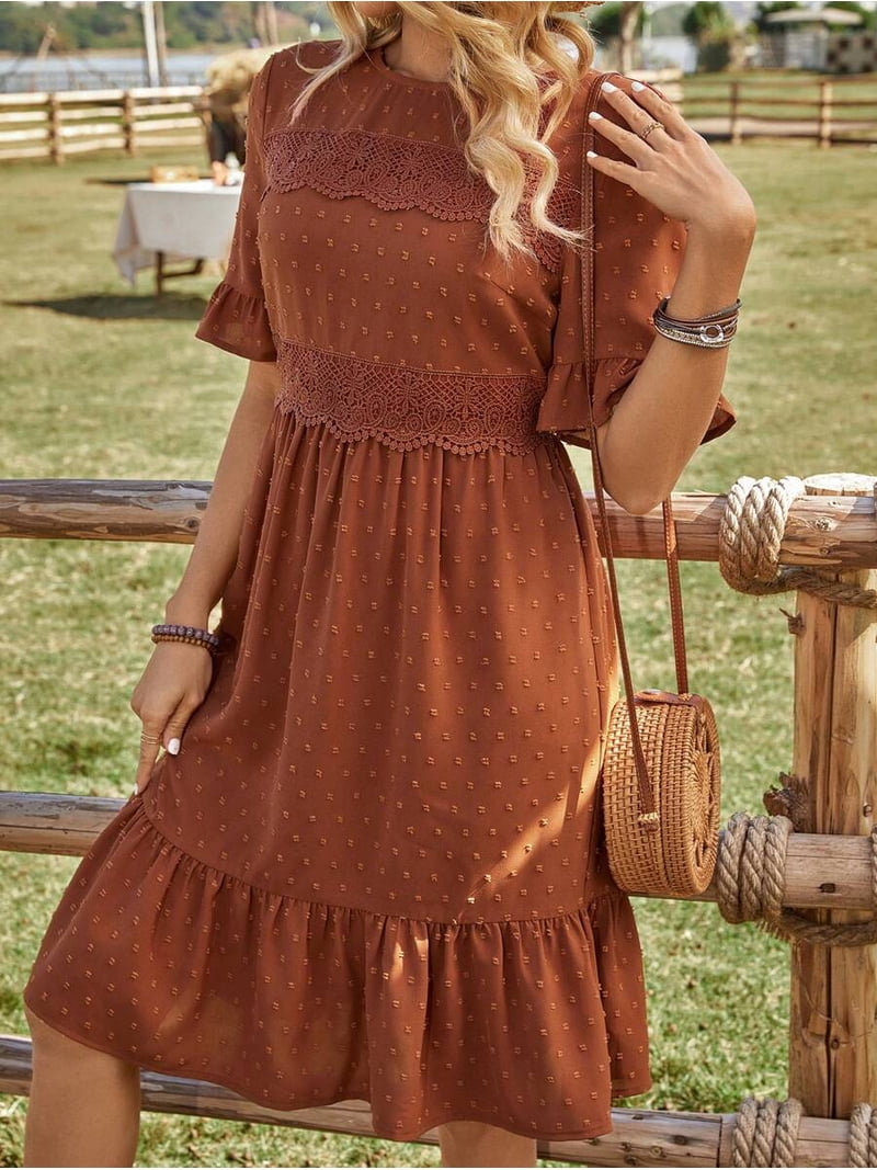 brown a line midi dress Garvee Women's A-Line Swiss Dot Crew Neck Short Flutter Sleeve Tiered Skirt Swing Dress Ruffle Hem Casual Summer Wear,Orange statement gown