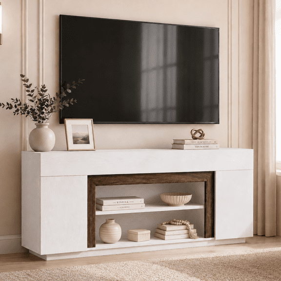 Homall 70'' TV Stand for TVs up to 80'', Modern Entertainment Center with Storage Cabinets, Open Media Shelf, Wood TV Console for Living Room, White and Walnut