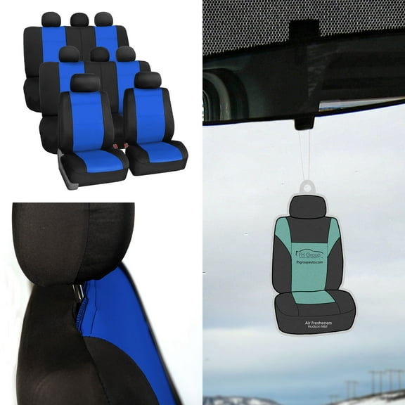 FH Group Neoprene 3 Row Car Seat Covers For SUV, Airbag Ready Split Bench 8 Seater, Blue Black with Free Air Freshener
