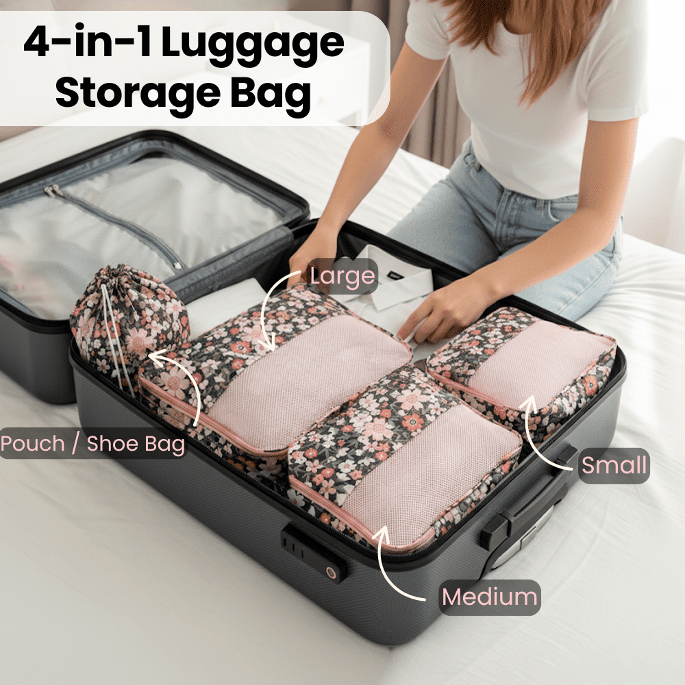 4-Piece Travel Packing Cubes Set, Luggage Organizer Bags with Mesh Top, Lightweight Clothes Storage Pouches, Pink Floral Pattern