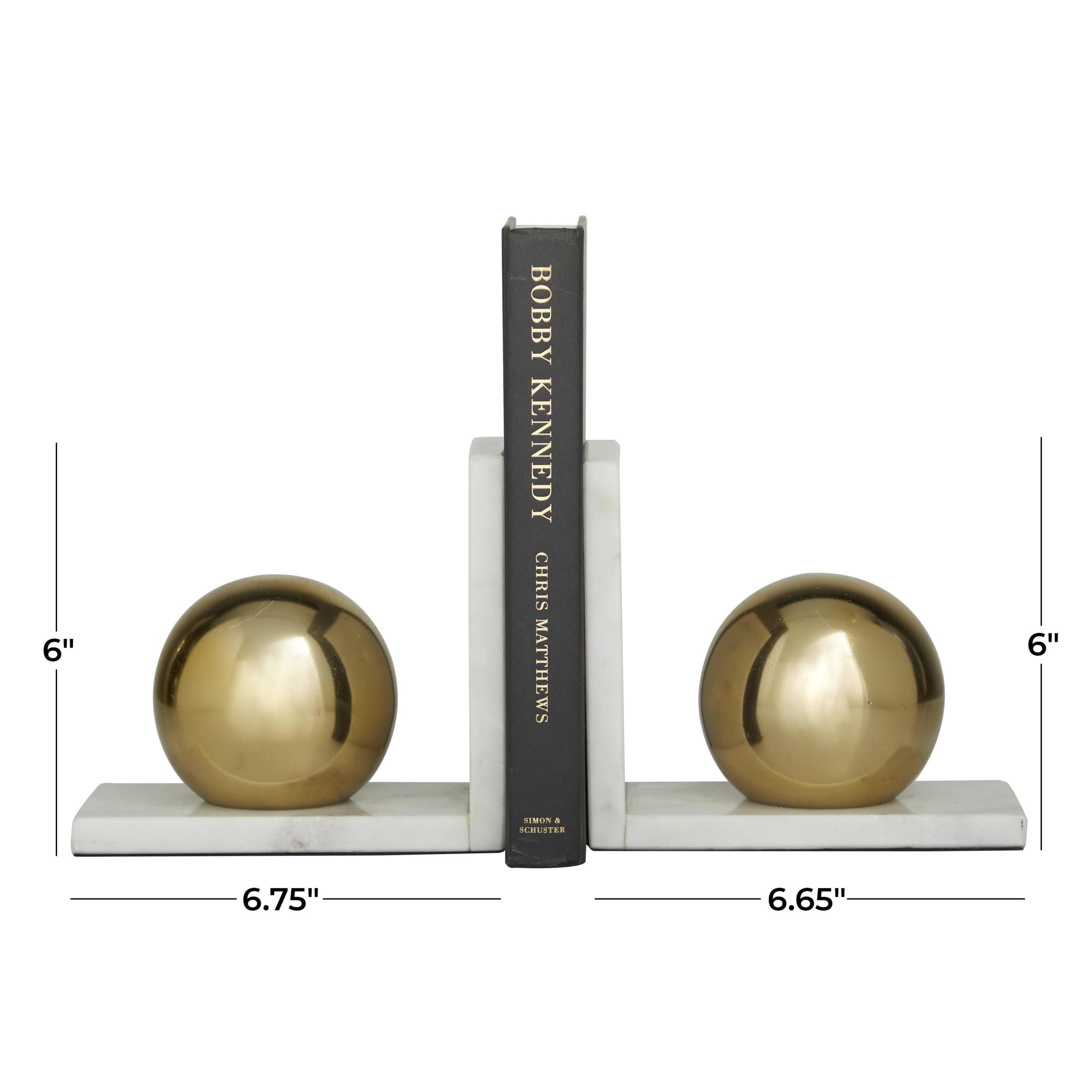 Cosmoliving by Cosmopolitan Marble Modern Decorative Bookends with Metallic Gold Balls 7"W x 6"H, Gold Finish with White Marble Stands