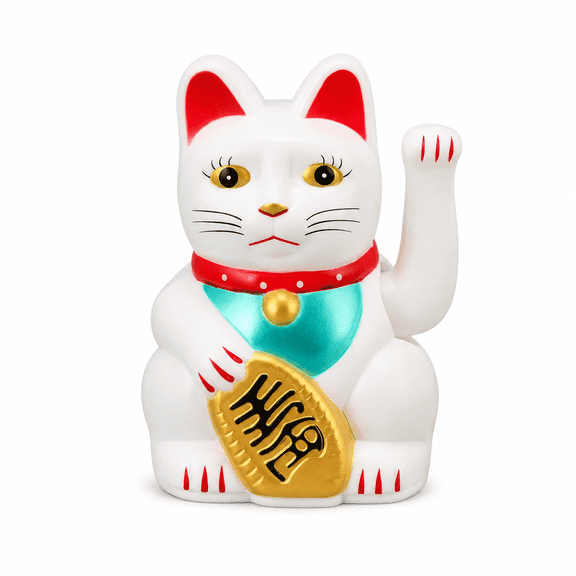 ABCISI Waving Lucky Cat Decor, Battery Powered Moving Arm Fortune Cat Figurine with Gold Plaque, Desktop Ornament for Home Office Shop Restaurant Reception Gift, White