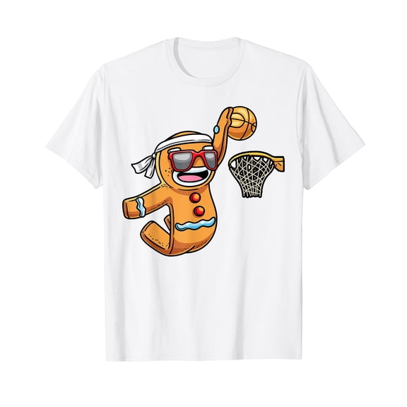 Gingerbread Man Playing Basketball Christmas Xmas T-Shirt White Tee
