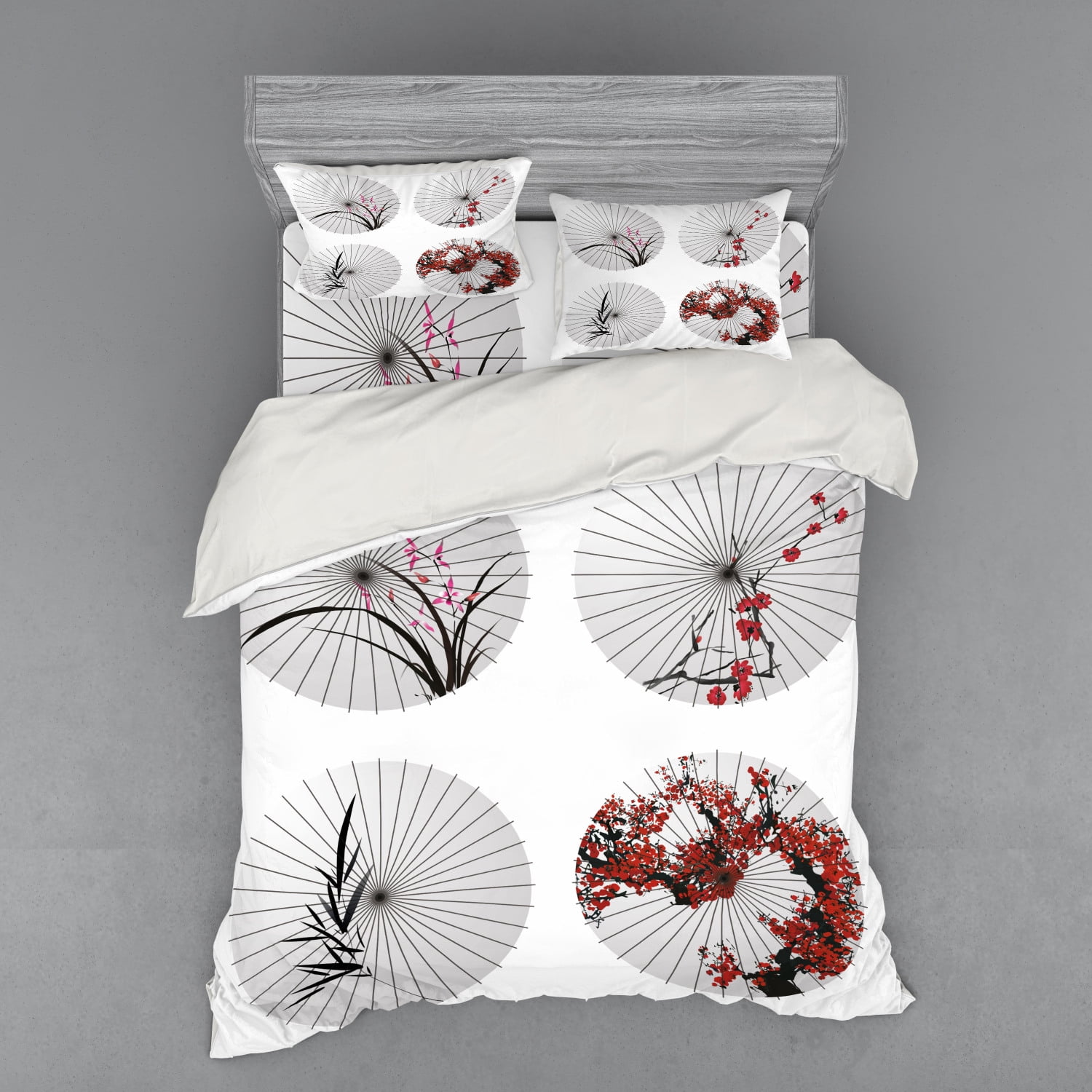 Ambesonne Japanese Bedding Set 4 Pcs, Floral Art on Umbrella, Queen, White and Red