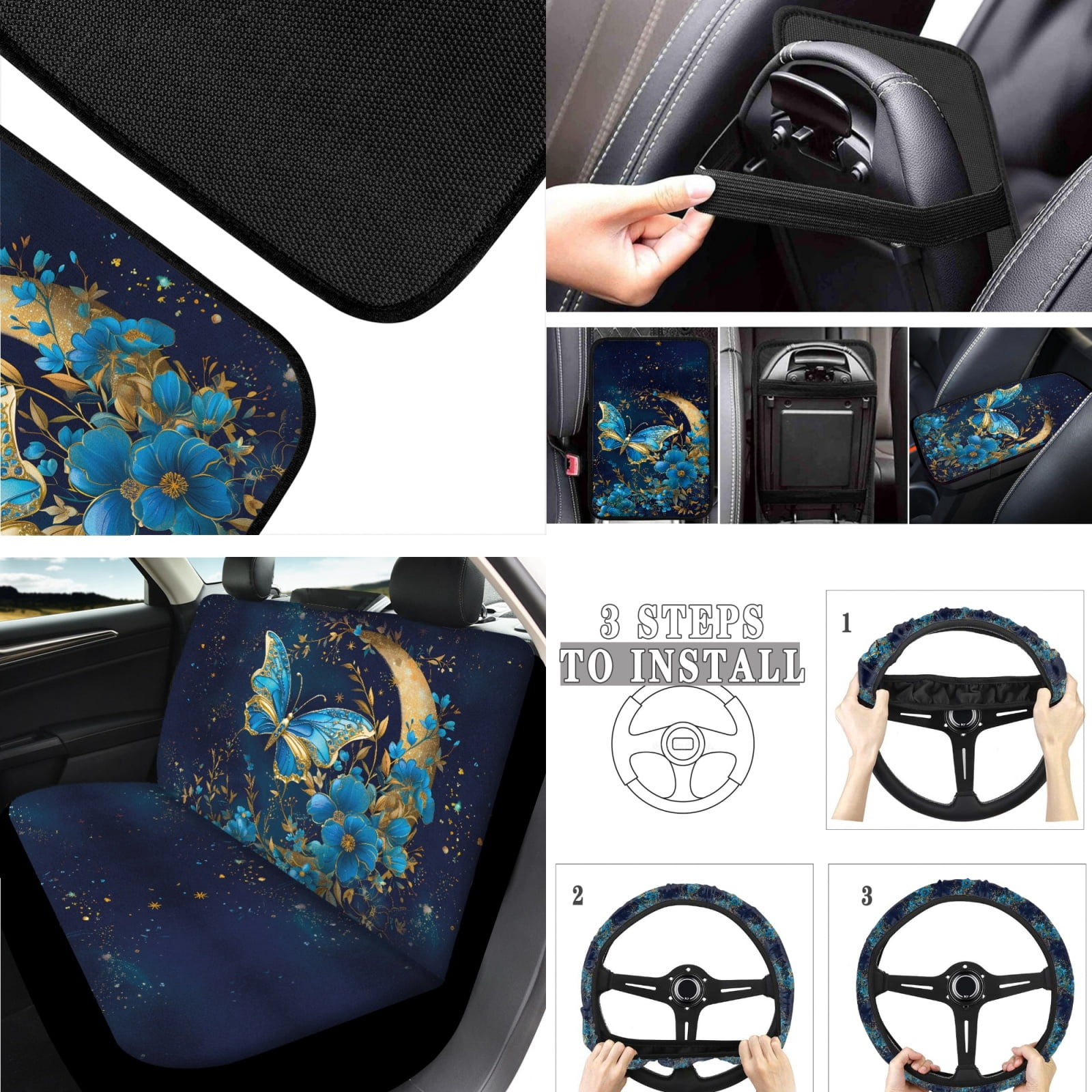 Jeiento Butterfly Car Seat Cover Set of 17 Car Floor Mat Steering Wheel Cover Armrest Cover Safety Belt Pad Floral Cup Coasters Keychain Lipstick Holder Universal Automobile Accessory Interior