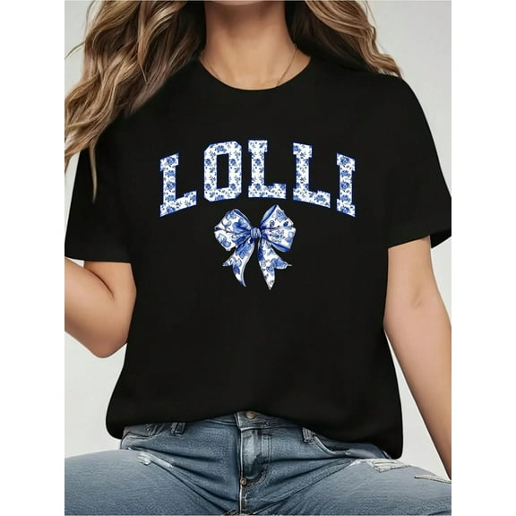 Lolli Coquette Toile Blue Bow Floral Family Matching T-ShirtPrinted Crew Neck T-Shirt For Women - Casual Crew Neck, Short Sleeve, Breathable 100% Cotton Top
