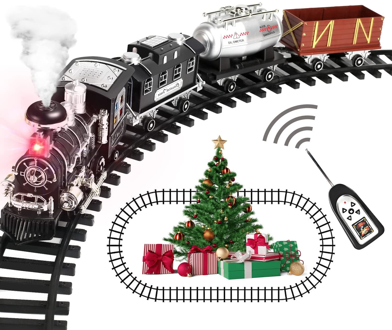 Christmas Smoke & Light Up LED Santa Express Locomotive Train Xmas Toy Gift Set