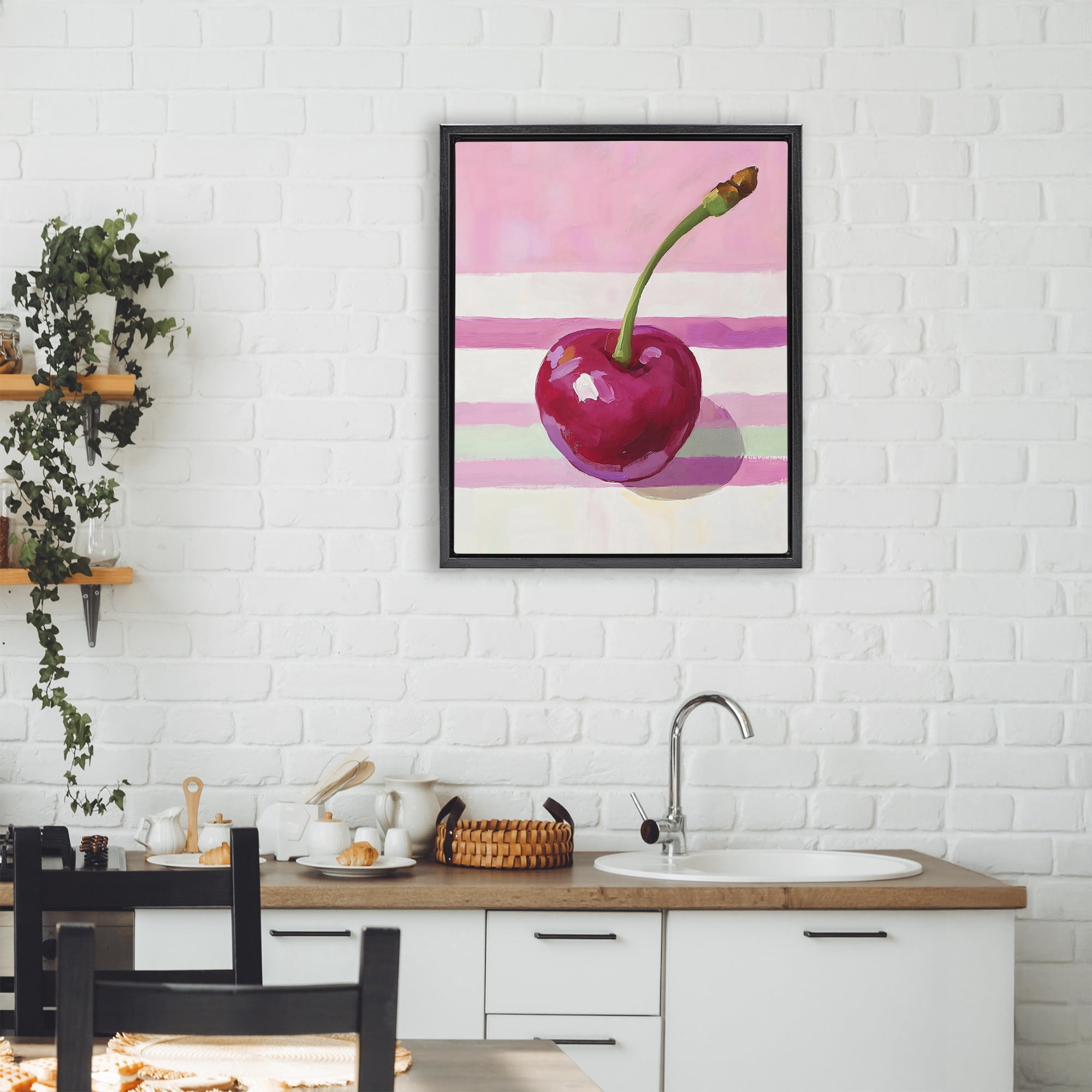 Stupell Industries Cherry on Pink Stripes Black Framed Floater Canvas Wall Art, design by The Prints Vibe