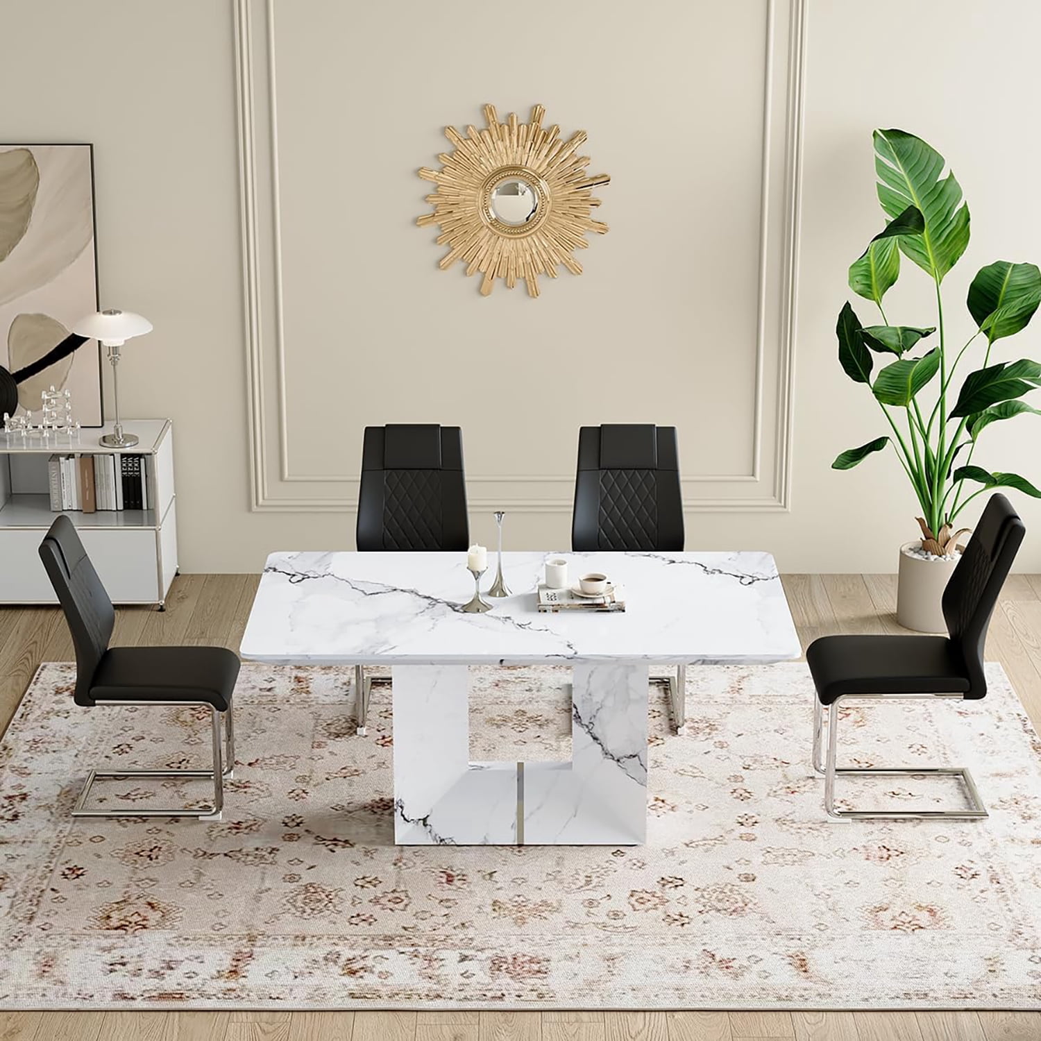 JUFU 5-Piece Dining Table Set – 63" White Faux Marble Dining Table with 4 Black Upholstered Chairs and Chrome Metal Legs – Modern Dining Room Furniture for 4-6 People