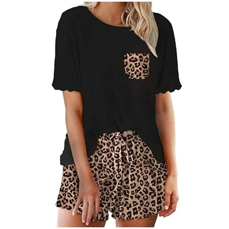 

WHLBF Womens Plus Size Pajamas Leopard Print Short Sleeve Top Shorts Two-piece Set Black 8(L)