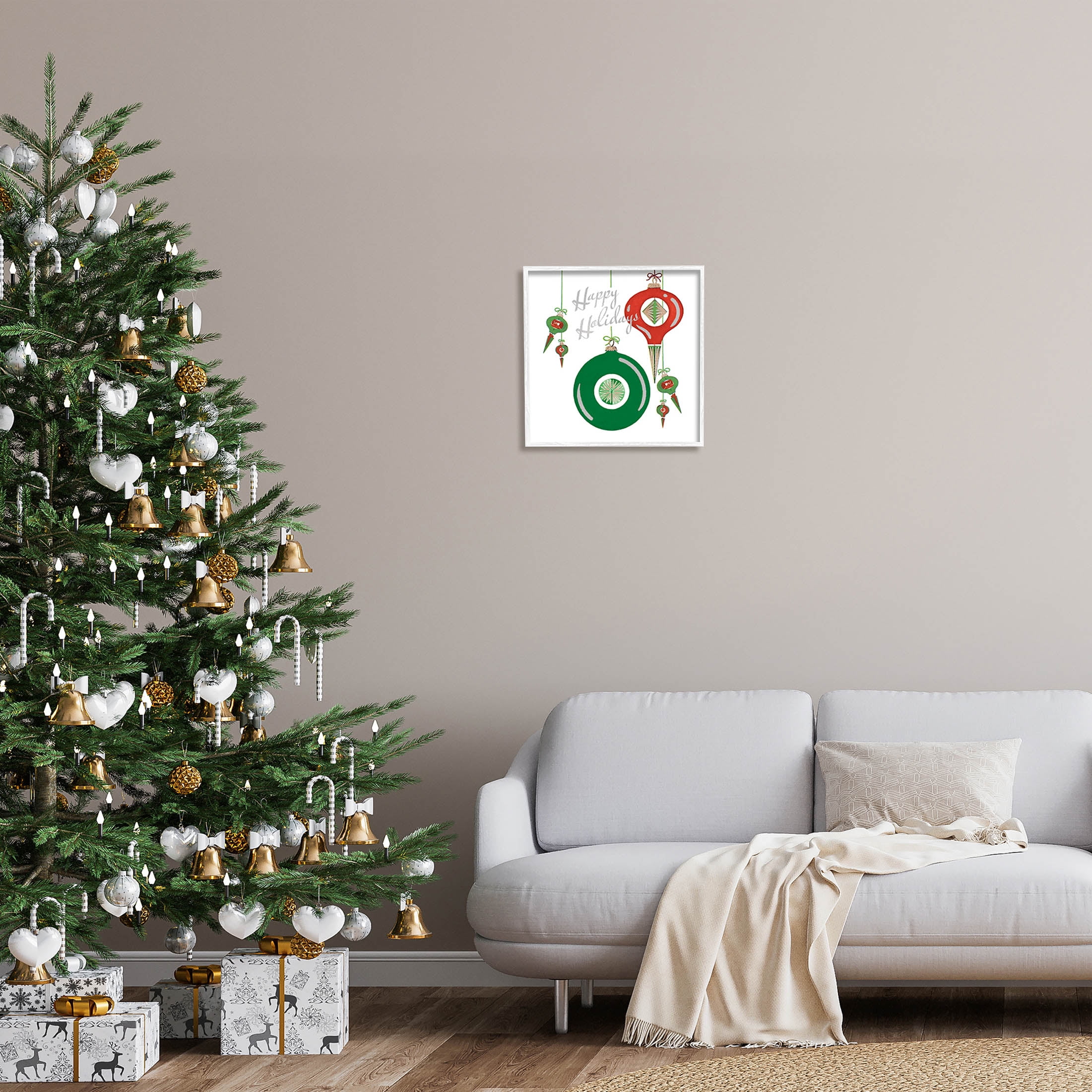 Stupell Industries Seasonal Happy Holidays Ornaments Graphic Art White Framed Art Print Wall Art, Design by The Saturday Evening Post