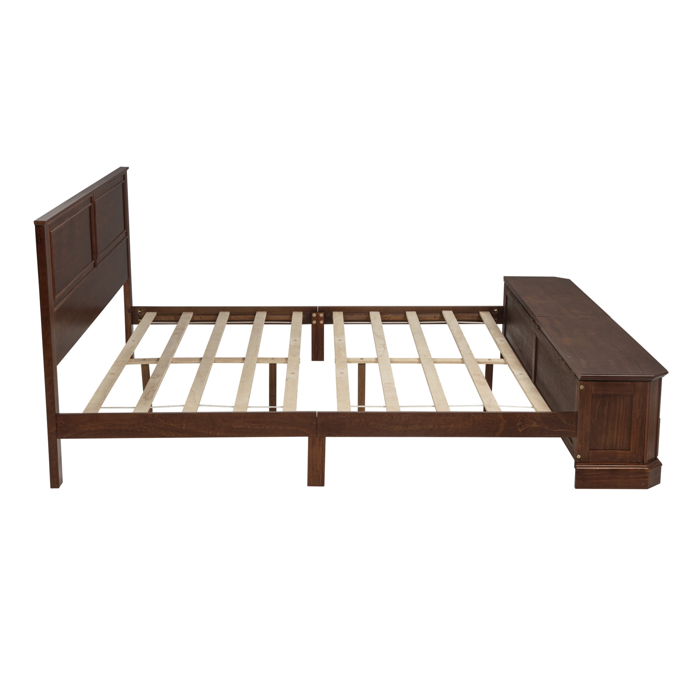 Noble House Reinaldo Queen Farmhouse Pine Bed with Integrated Bench, Storage Drawers and Flip-Top Containers, Walnut