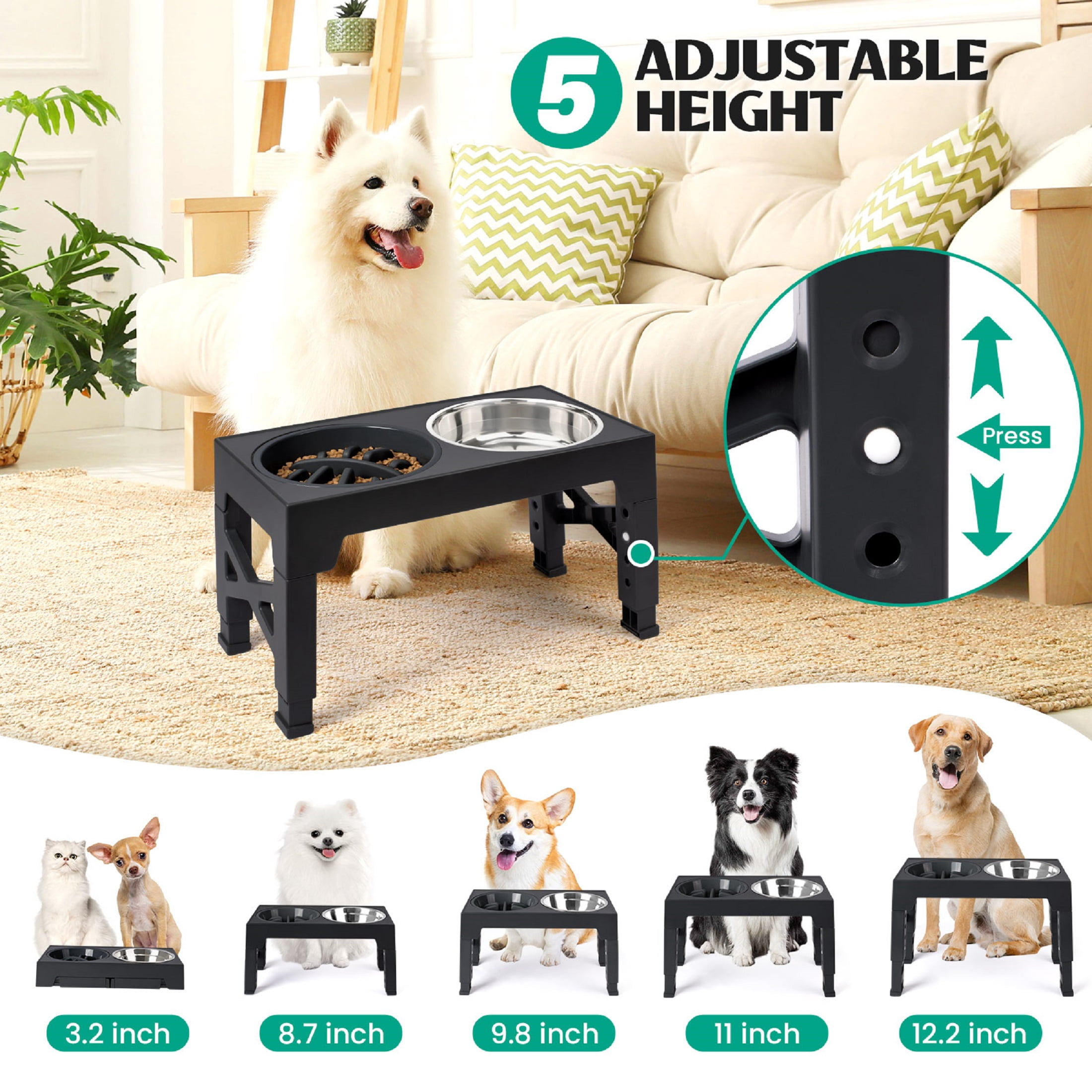 Heeyoo Adjustable Height Plastic Elevated Bowl with 2 Stainless Steel Dog Bowls for Dogs, Black