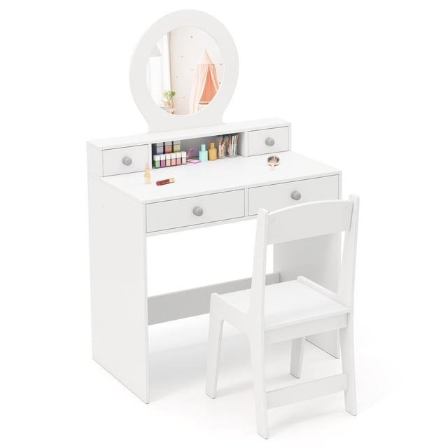 Patiojoy Kids Vanity Set Princess Pretend Play Vanity Table with Chair & Mirror & 4 Drawers White