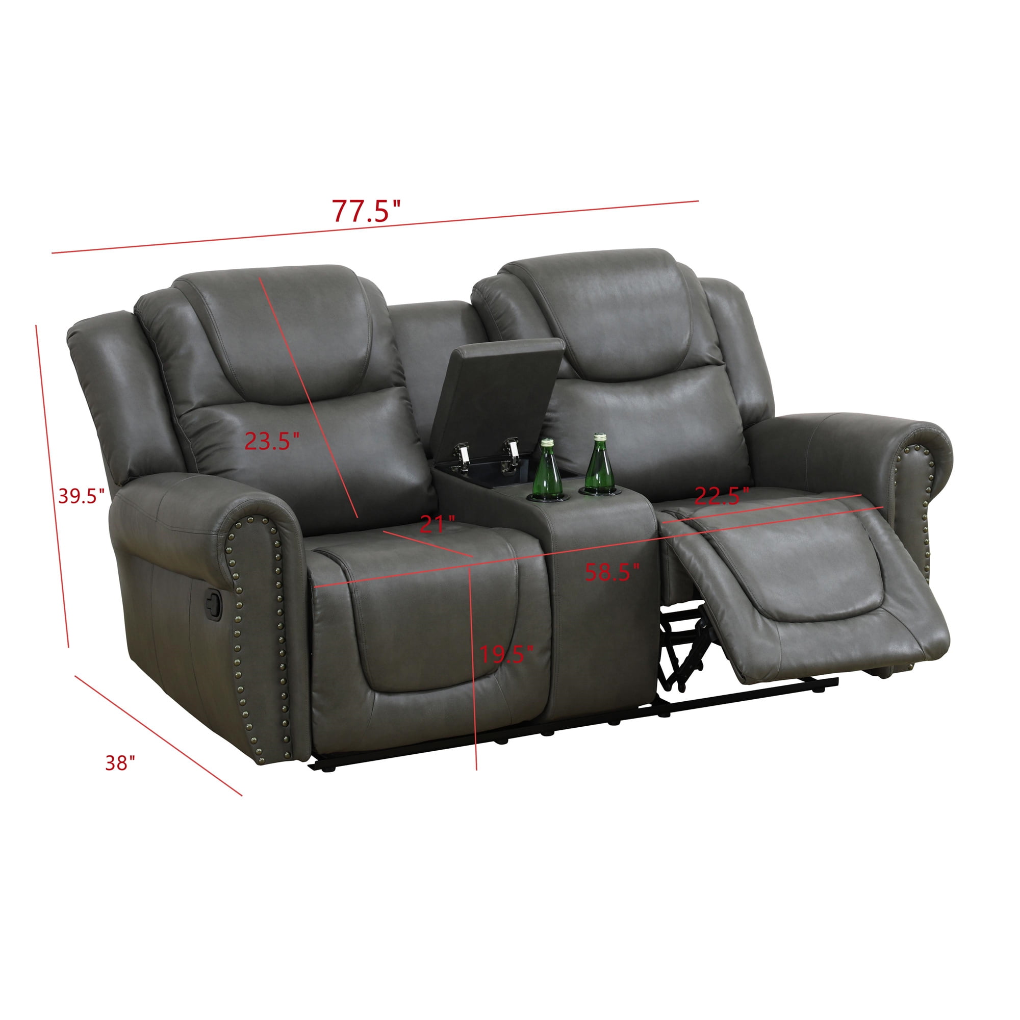 Aukfa 78" Double Recliner Chair Loveseat RV Sofa w/ Cupholder & Console, Home Theater Seating, Leather, Gray
