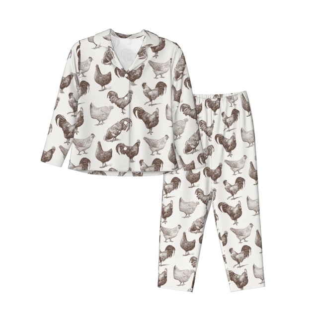 Balery Chickens Conjunto de Pijama con Estampado para Mujer, Conjunto de Dos Piezas con Manga Larga, Ropa de Dormir Suave con Bolsillos, Pijamas Cómodos-Small