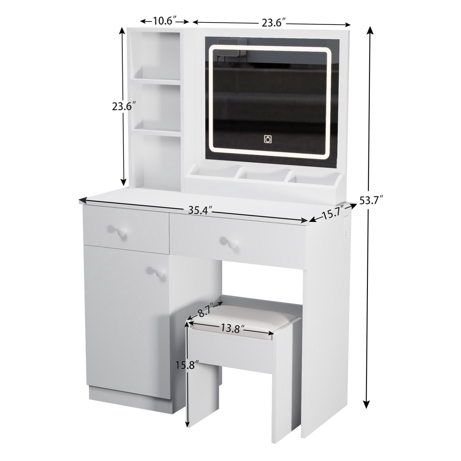 Asteroutdoor Vanity Desk with Lighted Mirror, 3 Color Lighting Modes, Adjustable Brightness, 2 Large Drawers, White Makeup Table, 35.4 in Wide