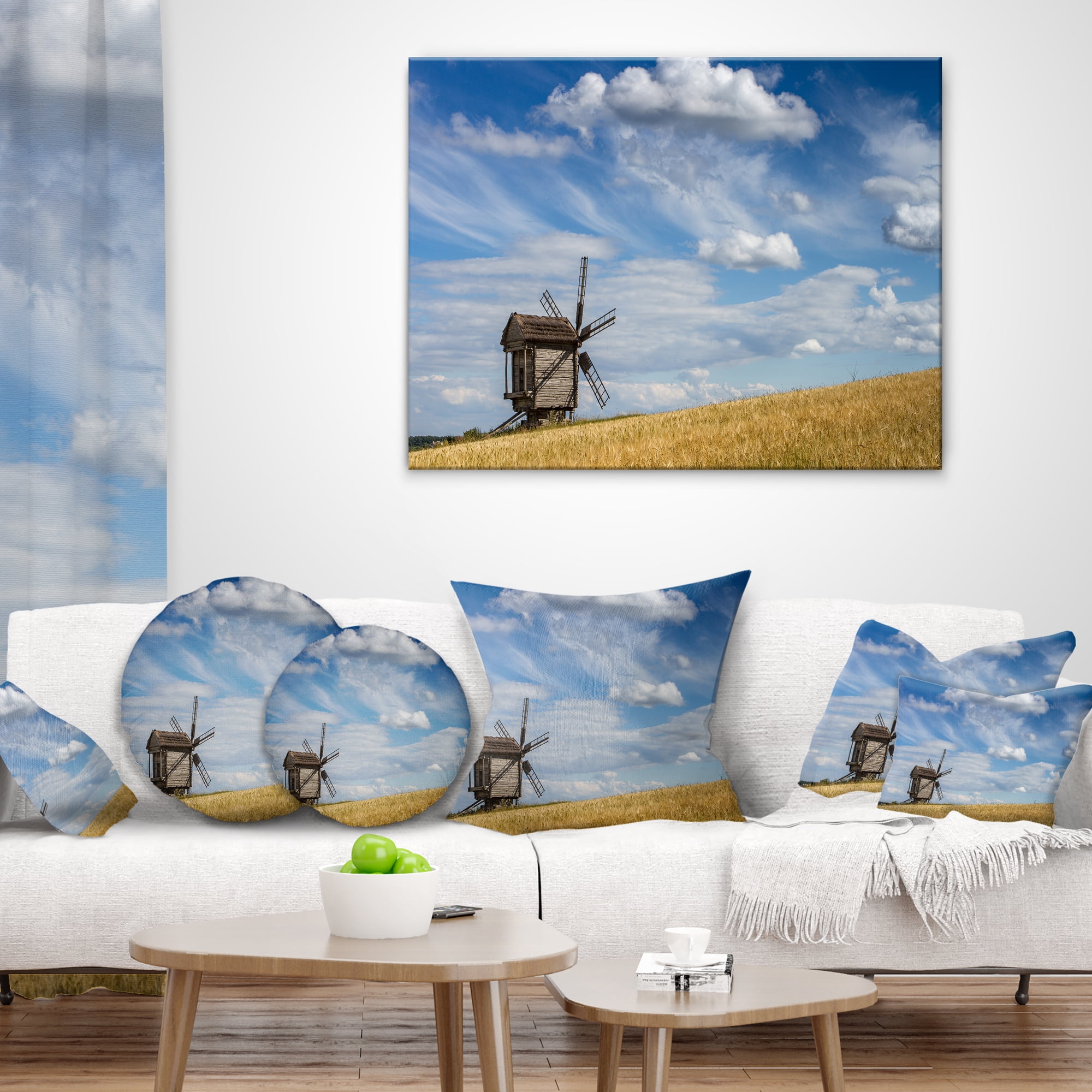 Designart Cloudy Sky and Windmill Summer day - Landscape Printed Throw Pillow - 18x18