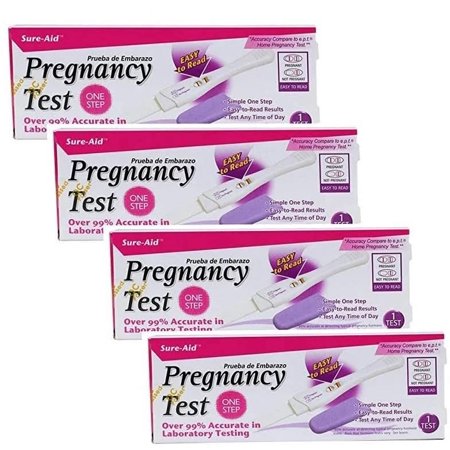 (4) Pack Sure-aid Pregnancy Test One Step Over 99% Accurate in Laboratory Testing Easy to Read Results Any Time of Day Relieve Anxiety with Fast and Easy Prueba de Embarazo