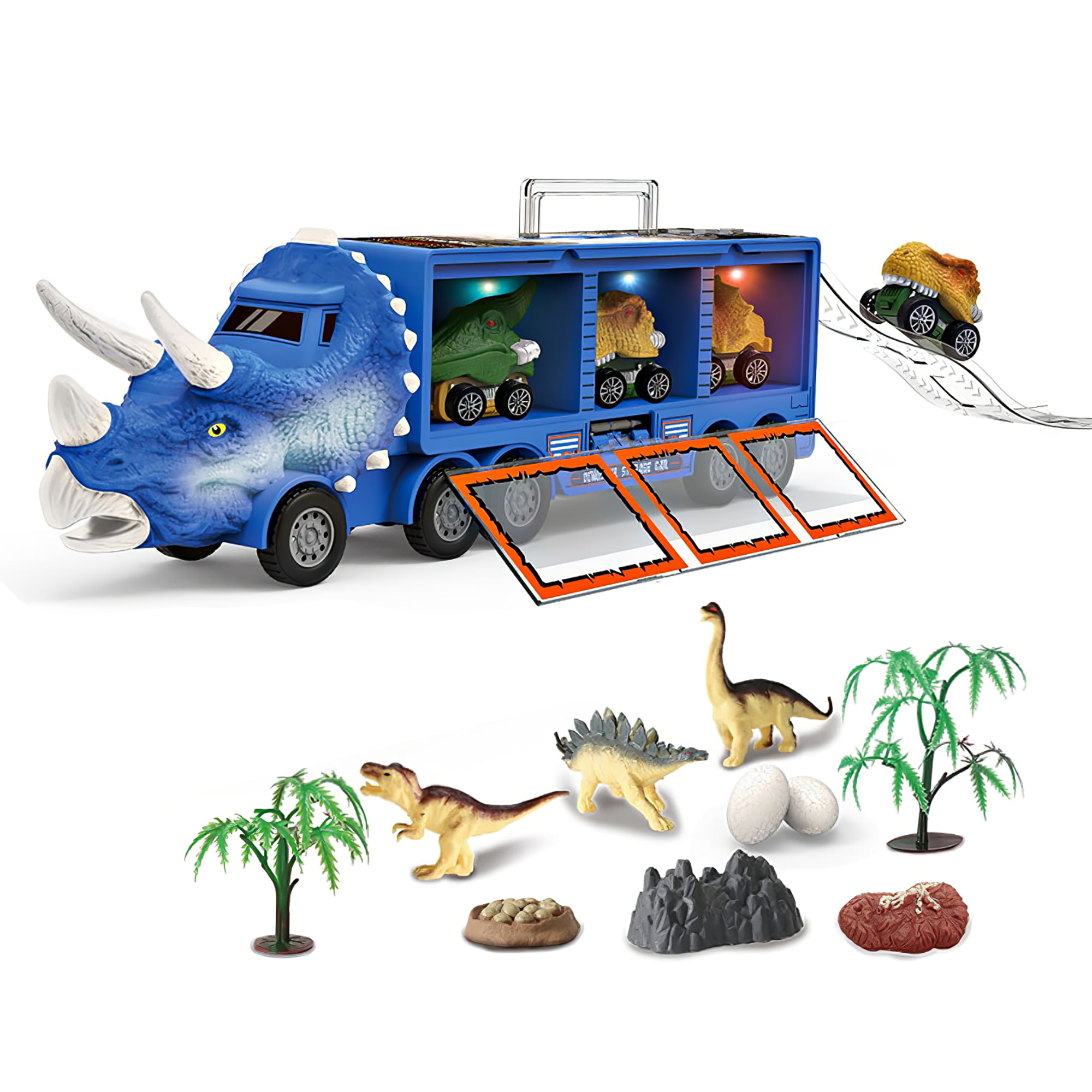 KLZO 13-Pack Dinosaur Toys Triceratops Transport Carrier with Roar Sound &  Lights, Pull Back Dino Monster Truck Dinosaur Figures Playset Toy Blue -  