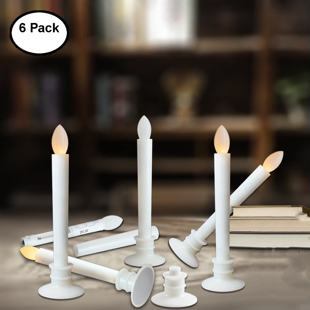6 Pack Flameless Taper Candles LED Window Candles with Removable Holders With White Base Holiday Wedding Party Decorations
