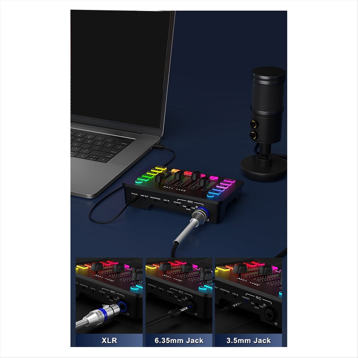 Sound Card Audio Mixer Rechargeable Audio Interface Mixer with XLR Microphone Interface for Podcasting/Recording