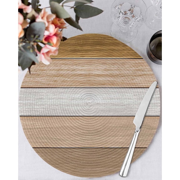 15 Inch Round Placemats Set of 6, Brown Wood Grain Non Slip Heat Insulation PP Table Mats, Country Retro Wooden Plank Farmhouse Washable Place Mats for Kitchen Dining Party Table Decor