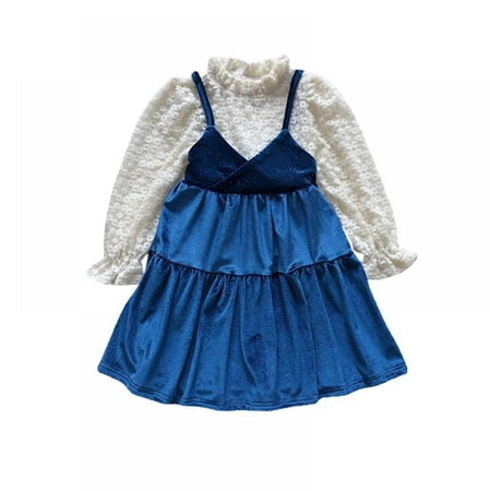 

Girl Fake Two Pieces Princess Dress Patchwork Long Sleeve Tops Dresses Little Girls Ball Gown Clothes